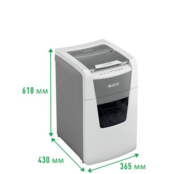 'Leitz' Paper Shredder, model not visible, with dimensions: 618 mm high, 430 mm deep, 365 mm wide.