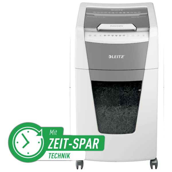 'Leitz Paper Shredder', with large paper collection bin; underneath an icon with clock and text 'Time-Saving Technology'.