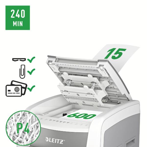 A paper shredder with a cutting capacity of 15 sheets, processes 600 sheets in 240 minutes, particle cut P4.
