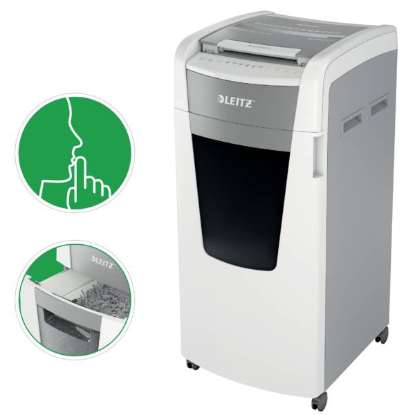 A white paper shredder on wheels, which operates quietly. It has a large paper waste container. Two symbols illustrate its low-noise function.