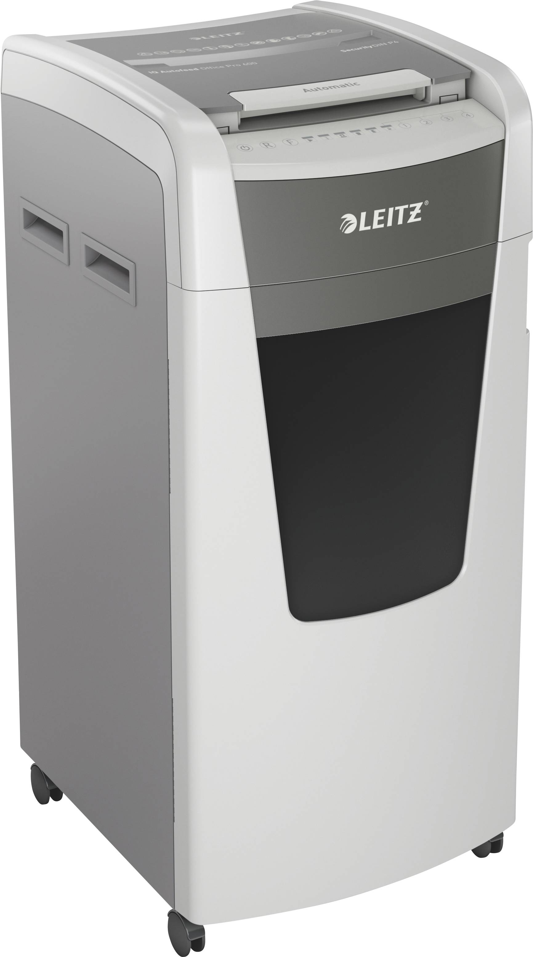 A grey Leitz paper shredder on wheels, in an upright position, suitable for office use.