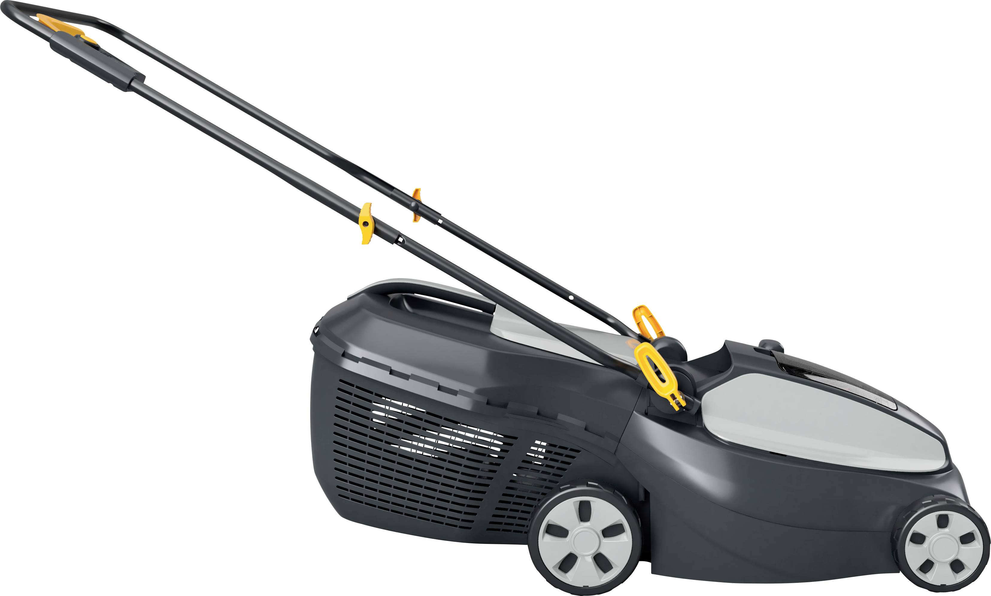 A modern, black lawnmower with yellow accents, suitable for small to medium-sized gardens.