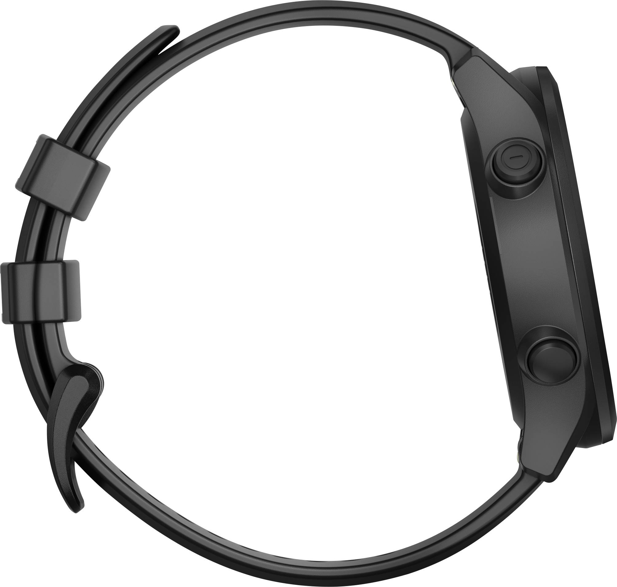Black smartwatch viewed from the side, with two buttons on the casing. The watch has a sleek and modern design.