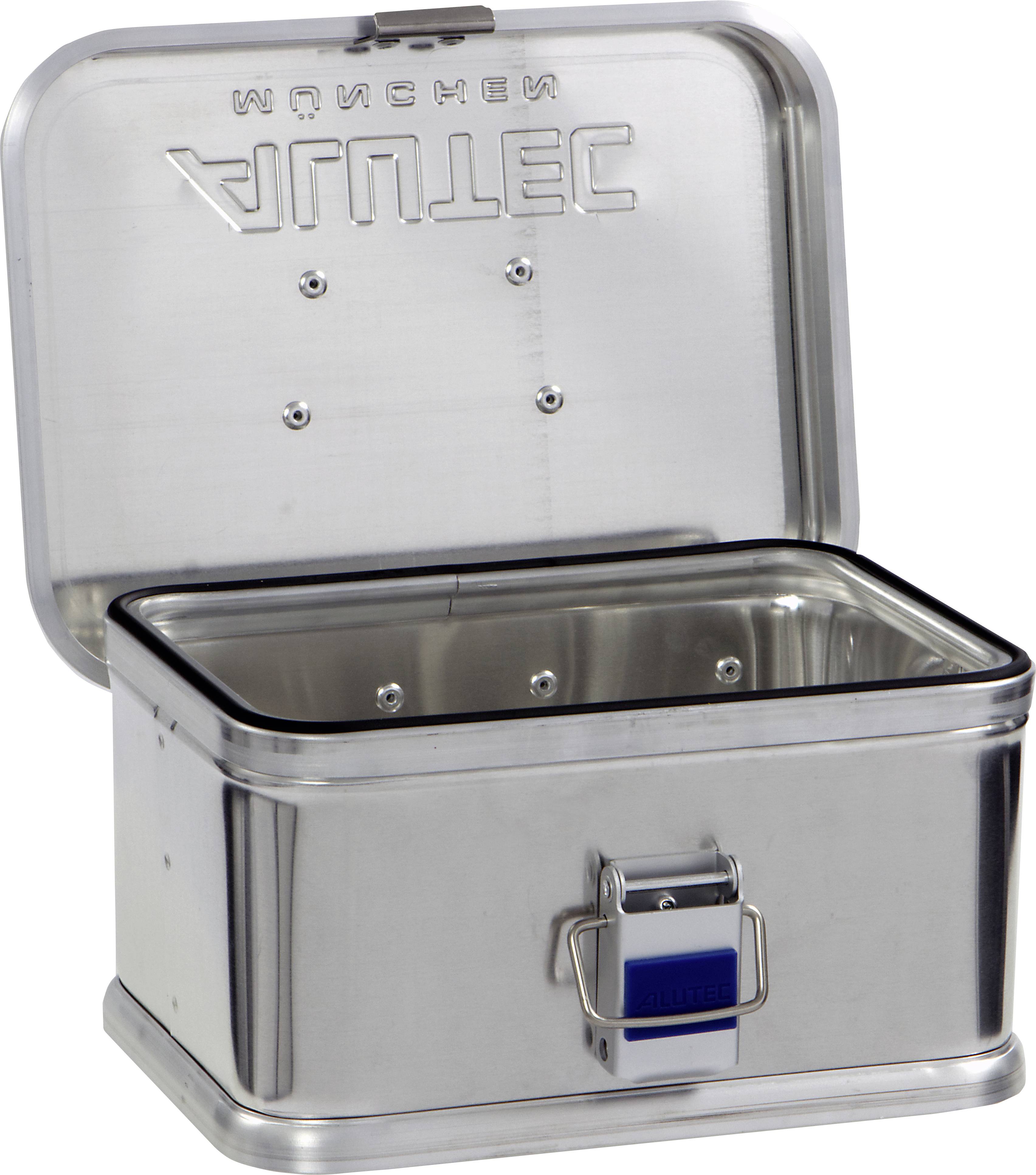 Metal lunch box with an open lid and a fastening at the front. Suitable for storing food.