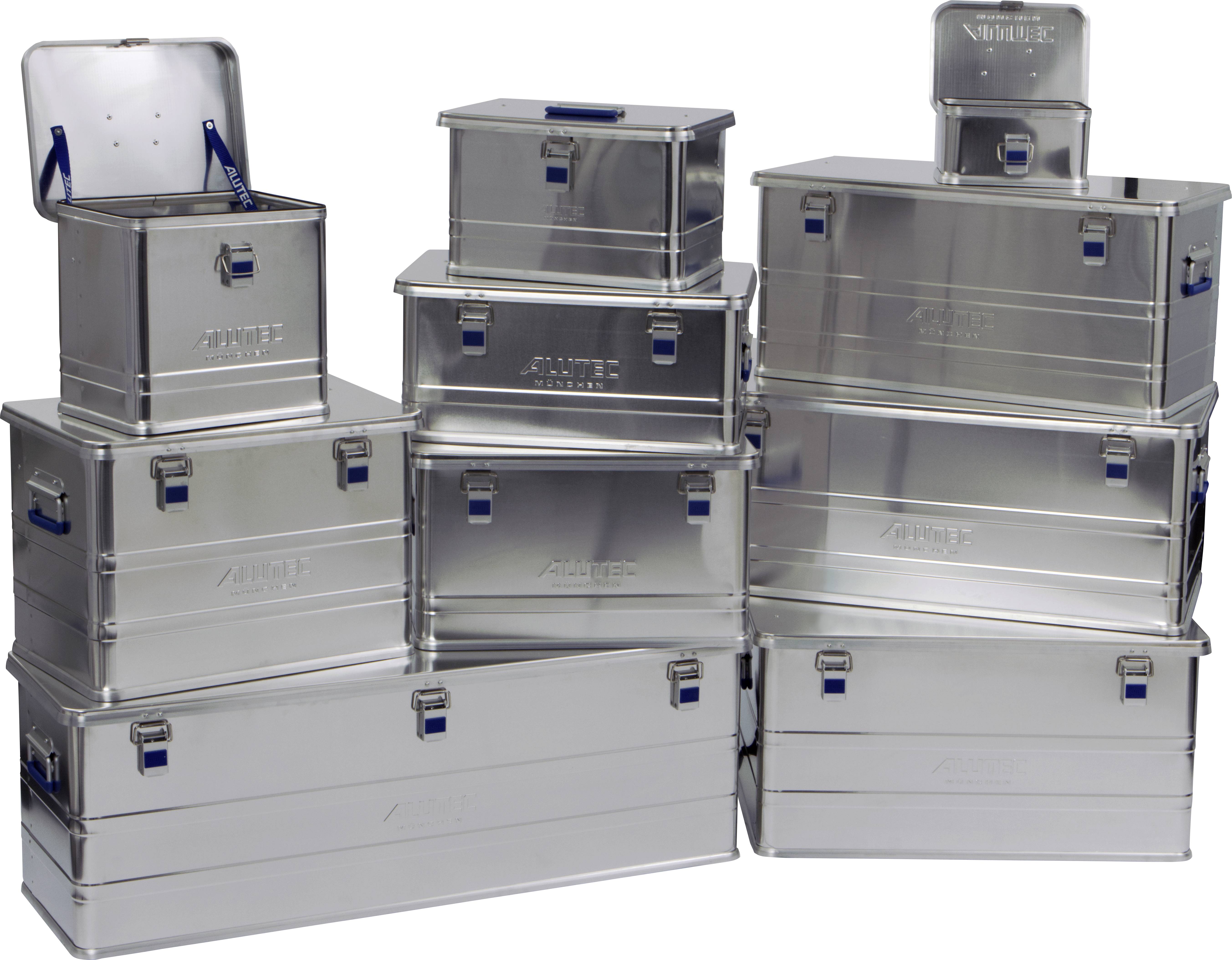 Several stacked aluminium transport containers in various sizes with blue handles, suitable for storage or transportation.