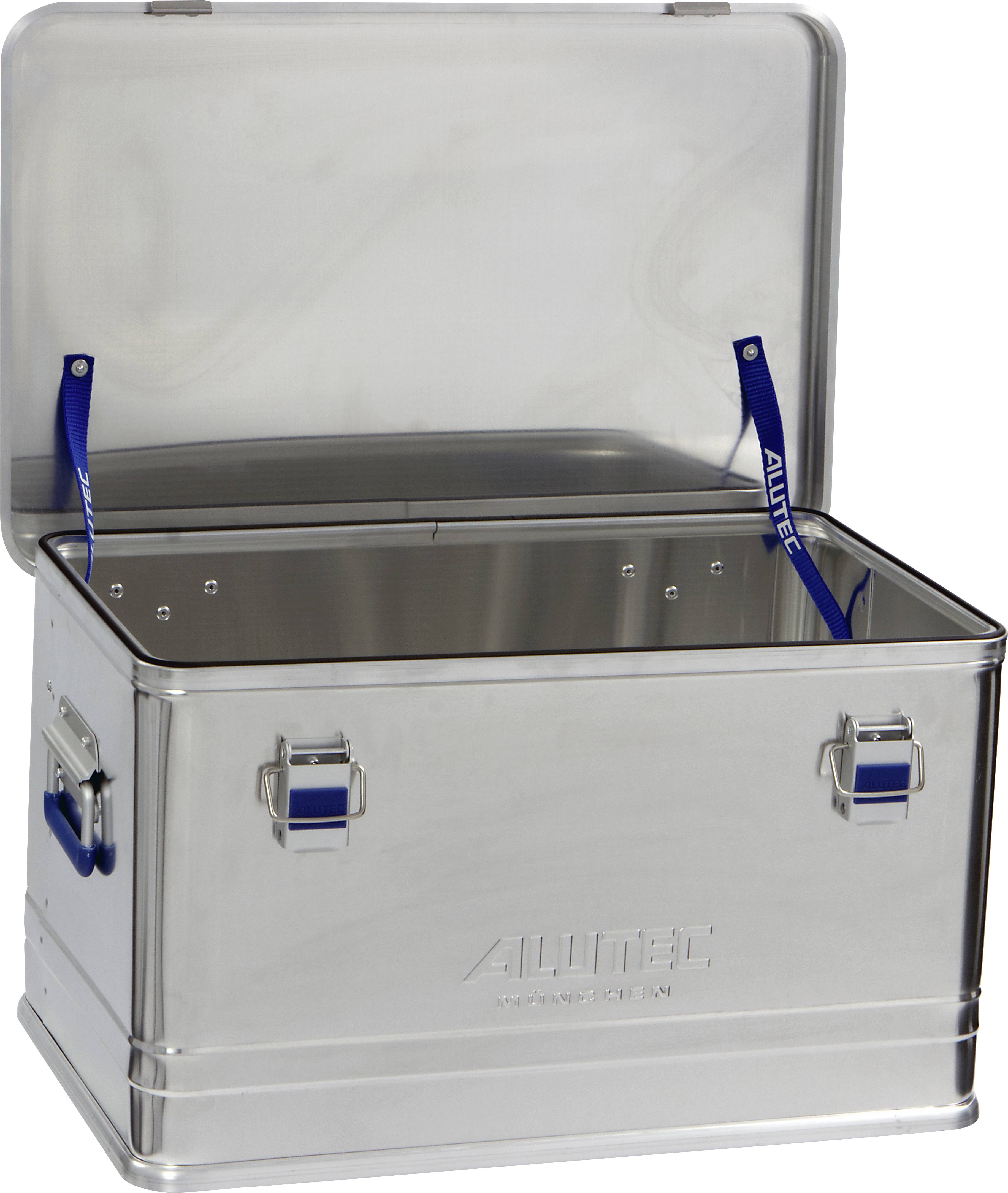 Metal box with an open lid, blue handles, and 'ALUTEC' printed on the side. Perfect for storing tools or equipment.