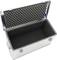 Large, open aluminium case with black foam padding inside. The case has compression locks and a blue carrying strap.