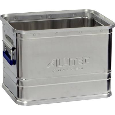 Aluminium case with 'ALUTEC MÜNSTER' printed on it, sturdy and silver-coloured, with blue handles on the sides, suitable for storage.