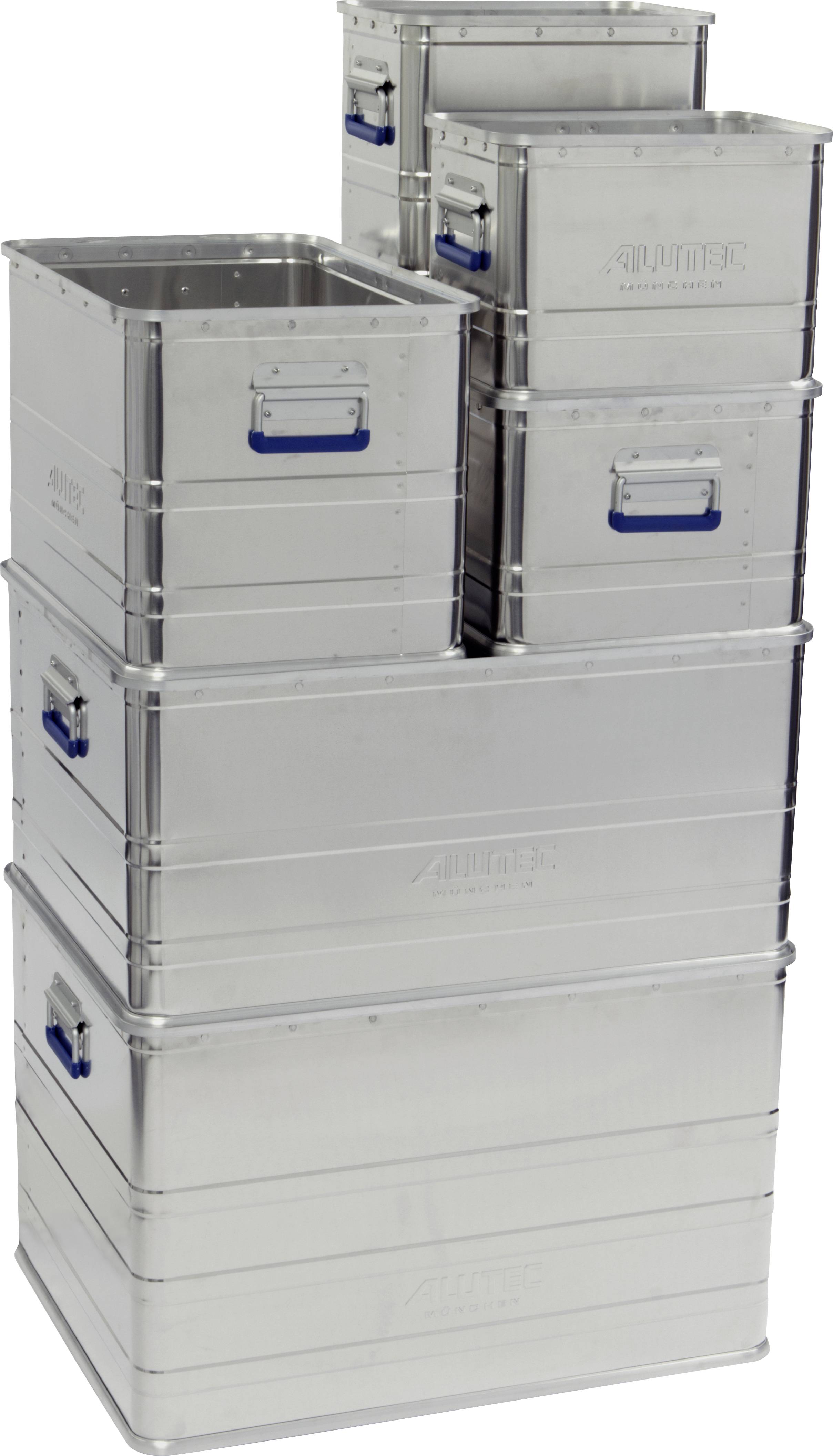Stack of six silver aluminium boxes of varying sizes with blue handles on each box.