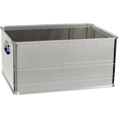Aluminium box with a silver surface and blue handle. It is open and spacious, suitable for storing or transporting items.