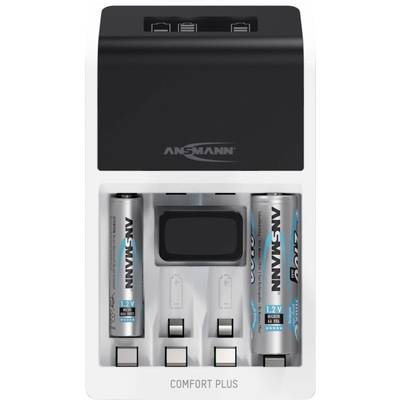 Charger with four AA batteries in different charging spaces. Two batteries are located in the charger, two positioned above it.