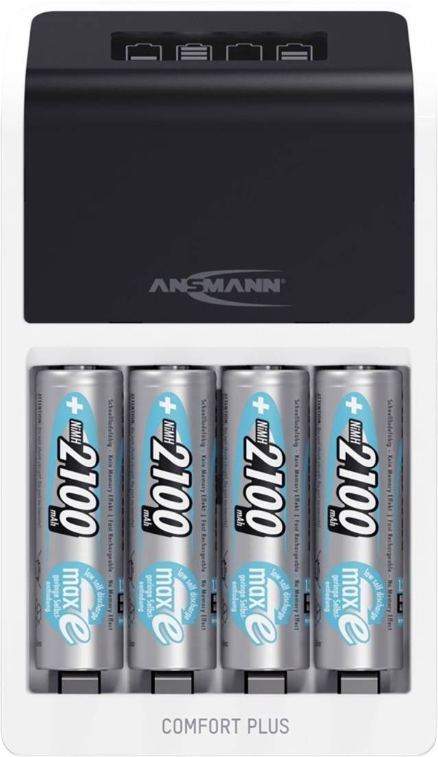 Four charged batteries in a black charger with the inscription 'COMFORT PLUS'.