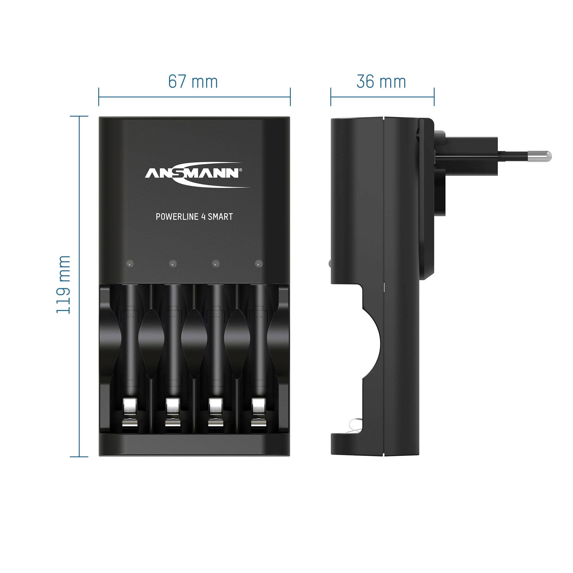 'Universally Compatible Charger' shows a charger plugged into a socket with four AA batteries inserted.