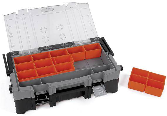 An open toolbox with removable, orange compartments. Some compartments placed separately beside it.