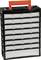 A black organiser with multiple transparent drawers and a red handle, suitable for storing small items.