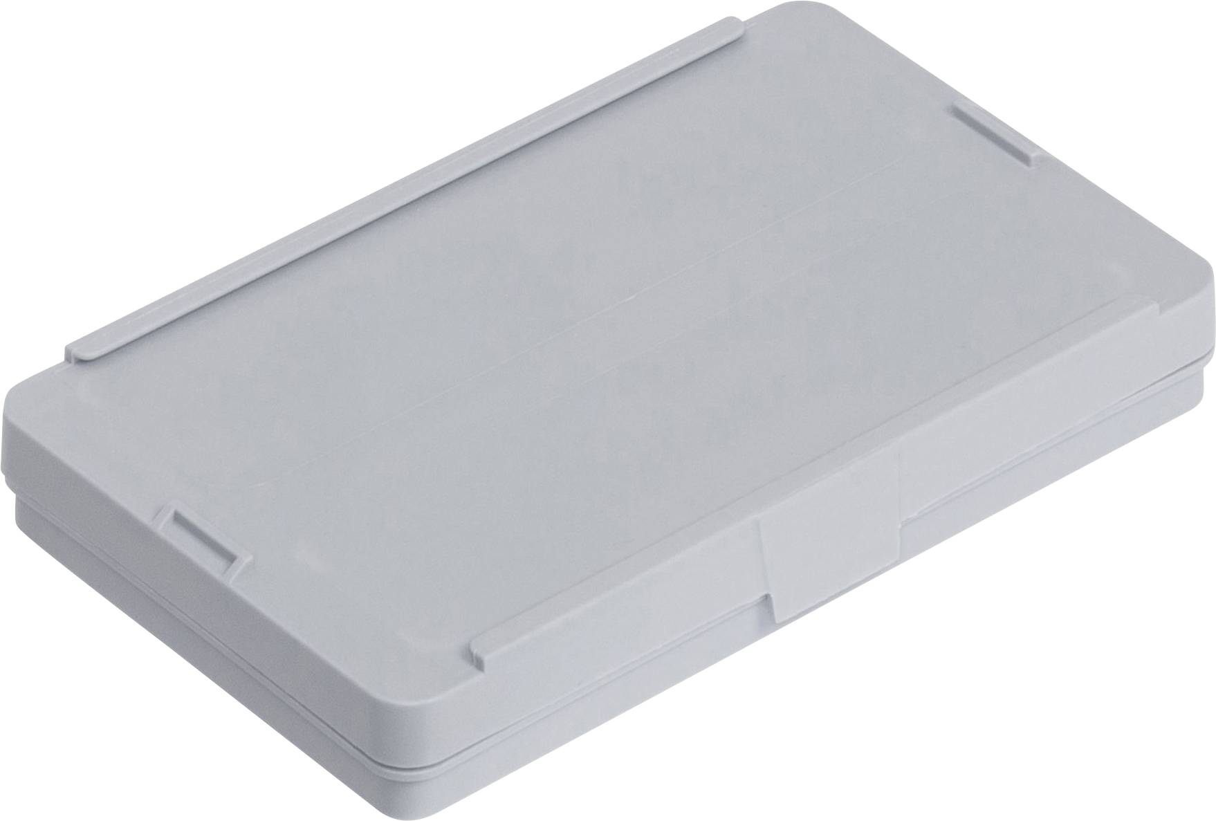 A rectangular, grey plastic container with rounded corners, which is closed.