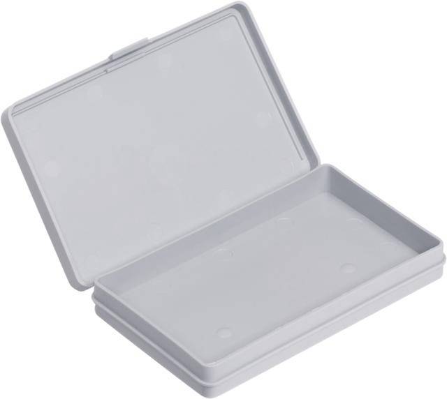 Grey, open plastic storage box without contents.