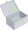 A grey metal box with an open lid. It is empty and rectangular, ideal for storing items.