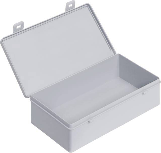 Grey plastic storage box with a rectangular shape and hinged lid. Perfect for storing small household items.