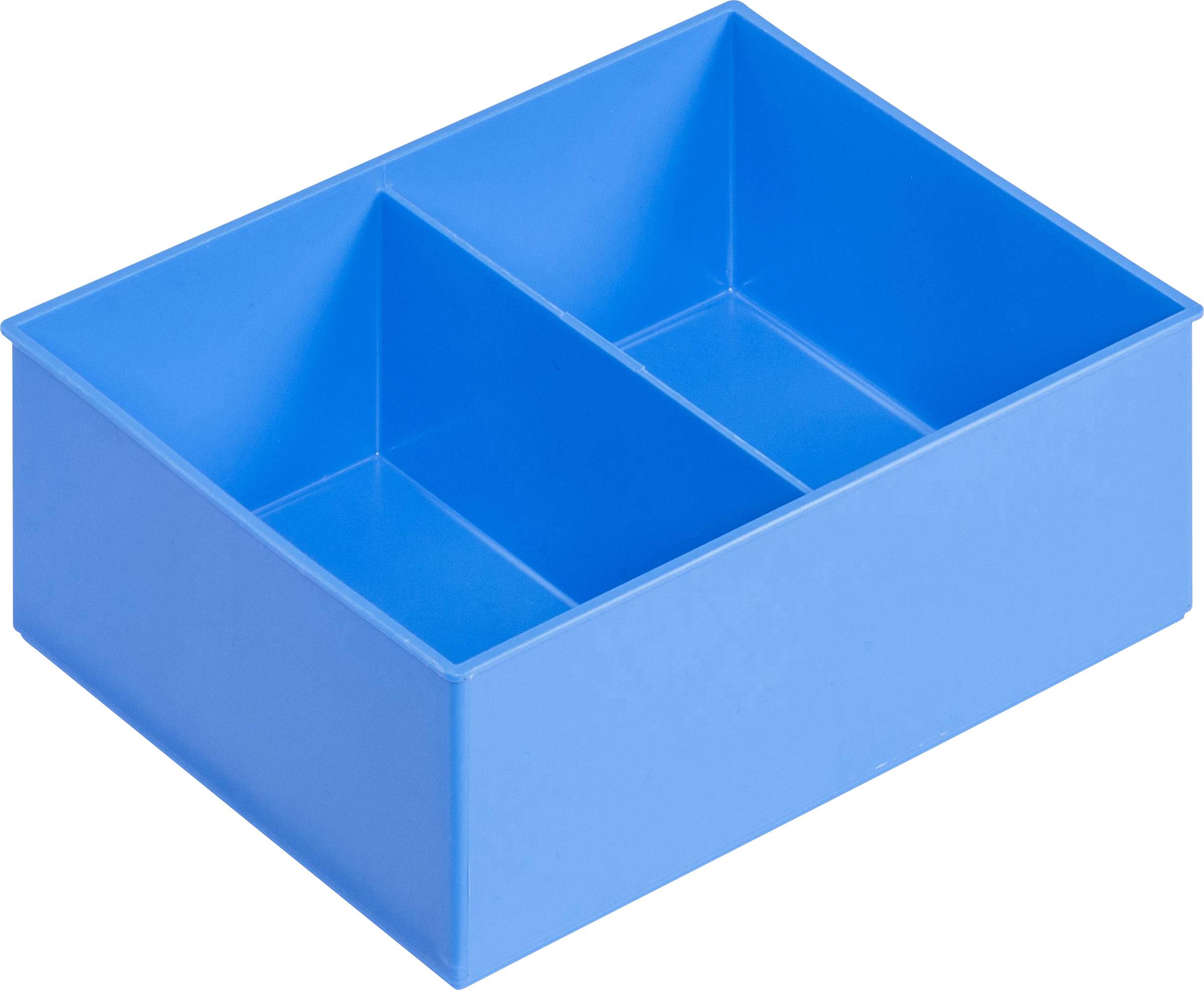 A blue, rectangular plastic container with three equally sized compartments.
