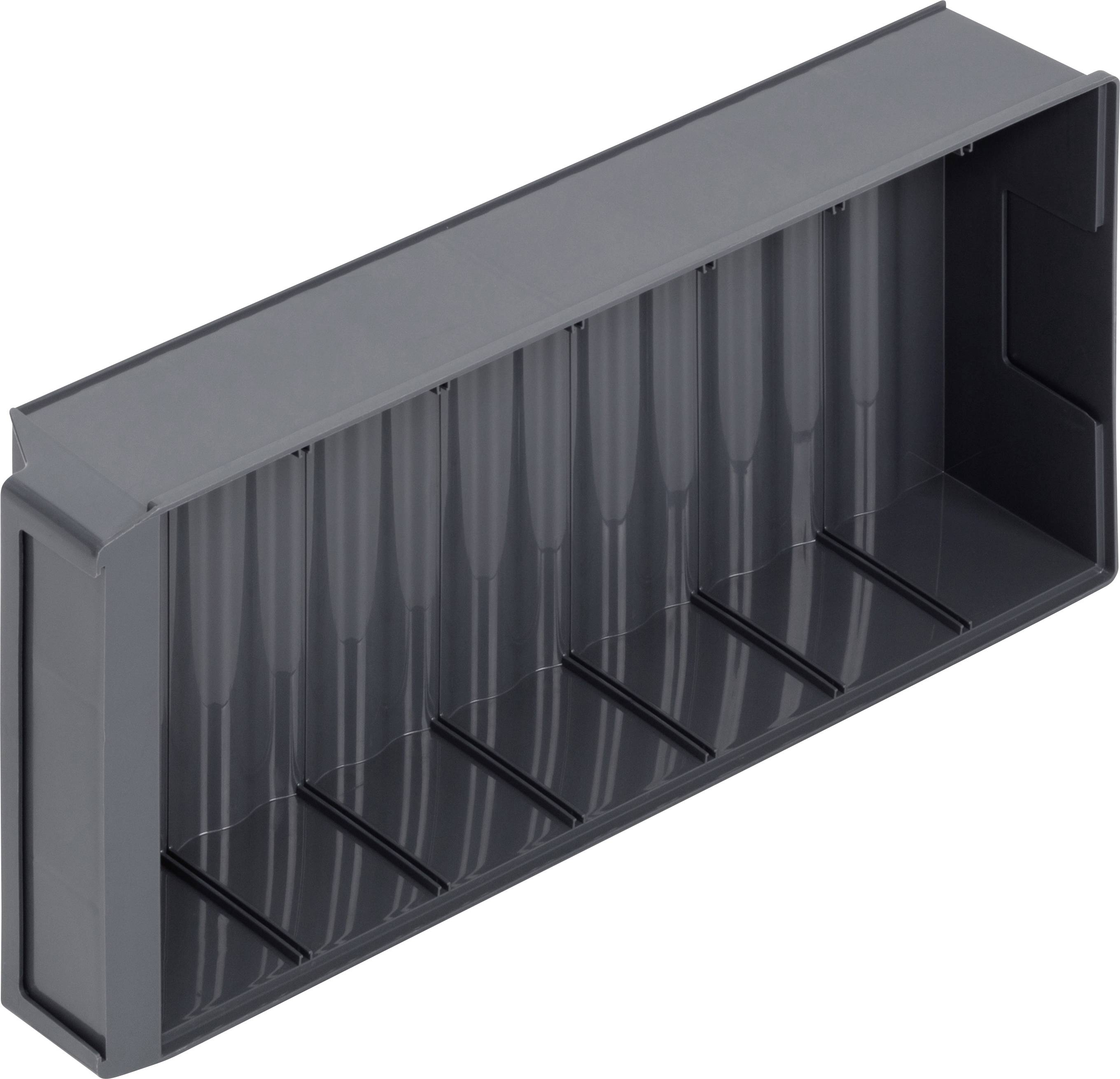 Plastic storage box in dark grey with eight separate compartments. It is designed for storing items and organising small materials.