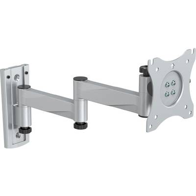 Silver, adjustable wall mount for monitors, suitable for flat screens. Rotatable and pivoting joint system for positioning.