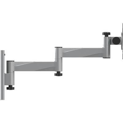 Metallic monitor arm with three adjustable joints, side-mounted for flexible screen positioning on walls.