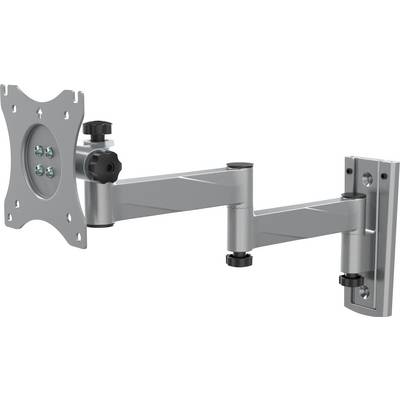 Wall-mounted monitor bracket with a swivel and tiltable arm. Silver design with adjustable joints.