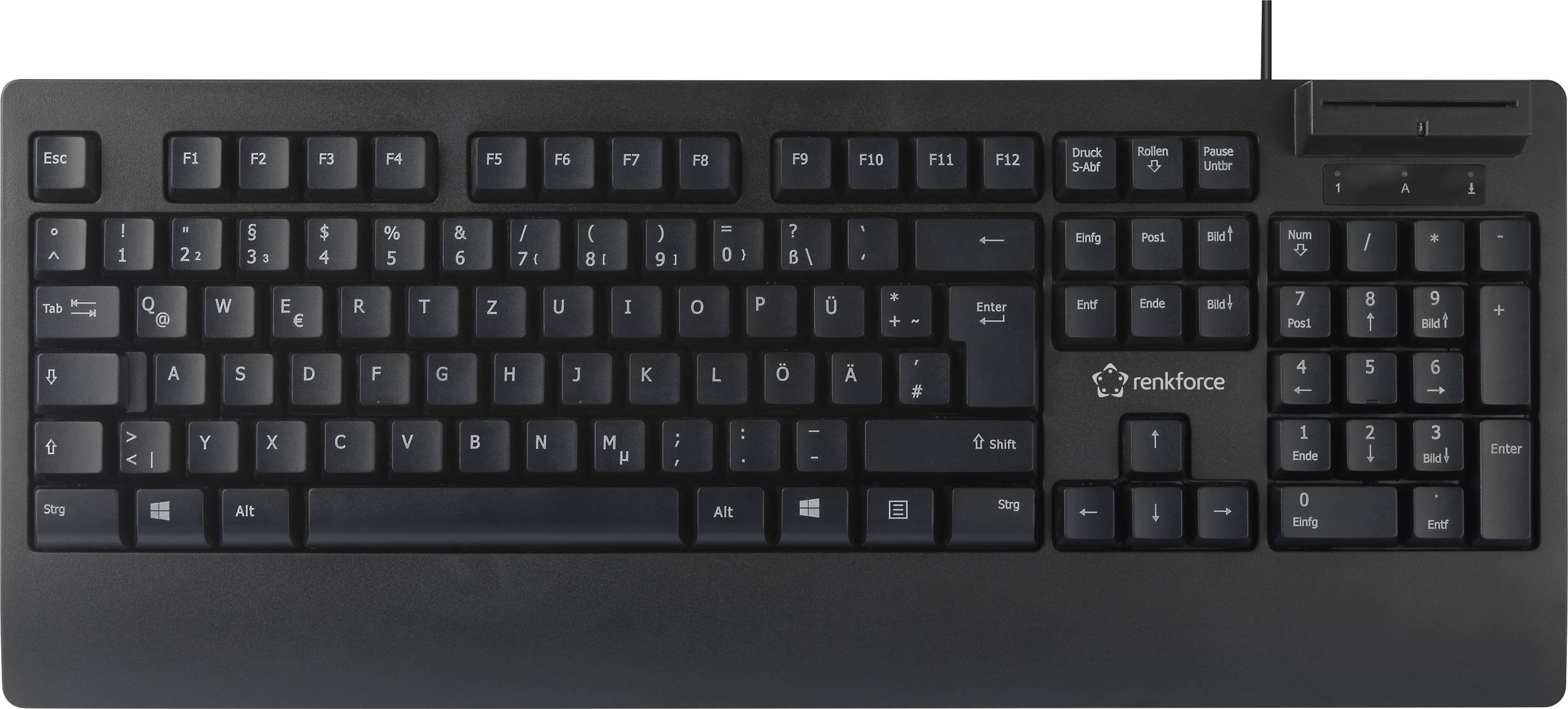Black keyboard with full layout, including number pad and function key row. Cable connection top right.
