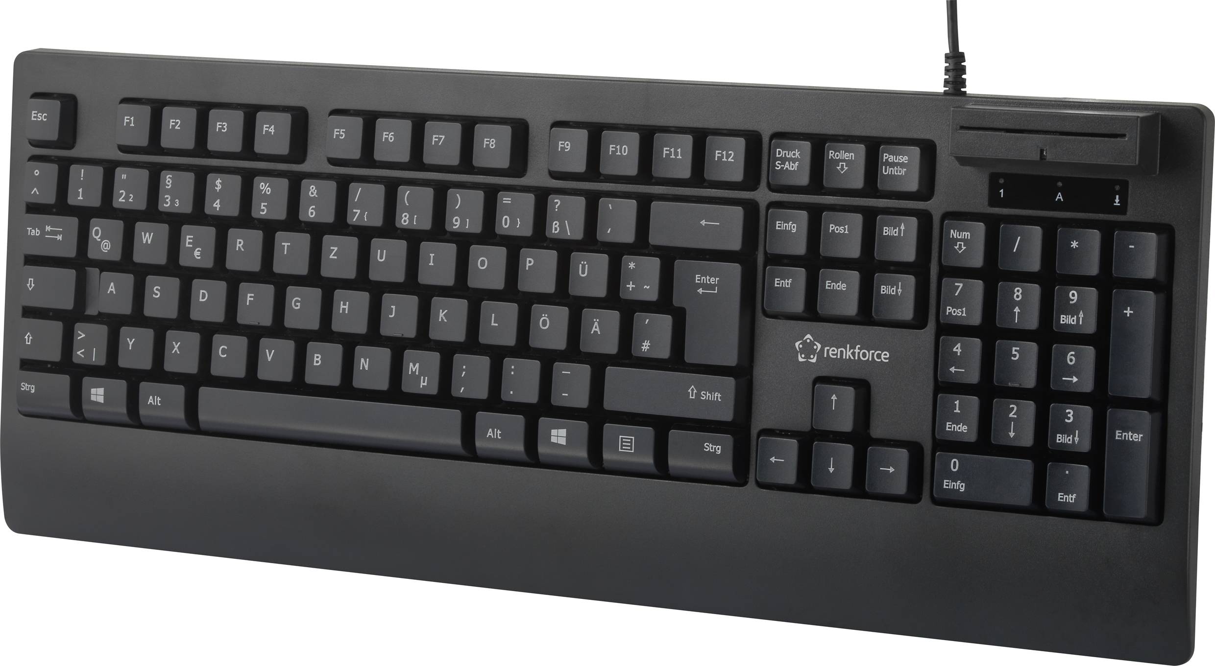 Black computer keyboard with German layout, including function keys, number pad and standard letter and control keys.