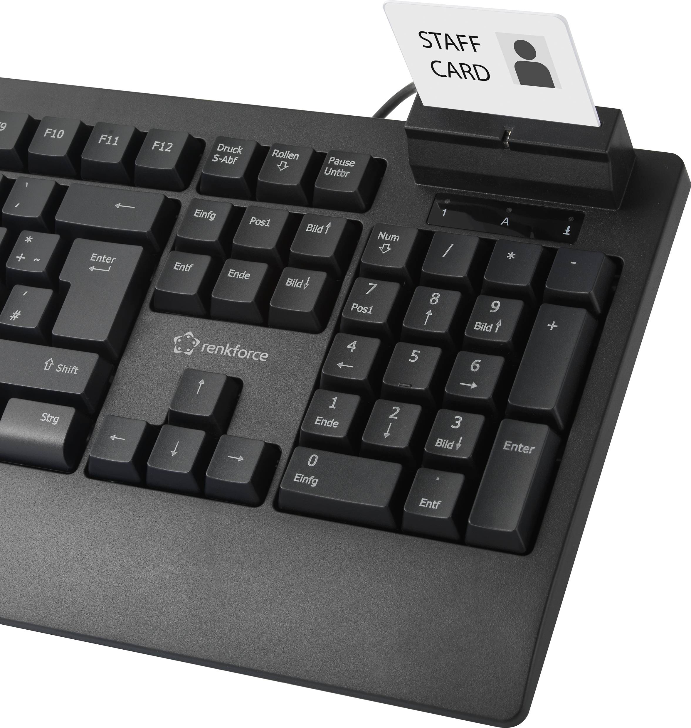 Computer keyboard with an inserted card in the reader with the label 'STAFF CARD'.