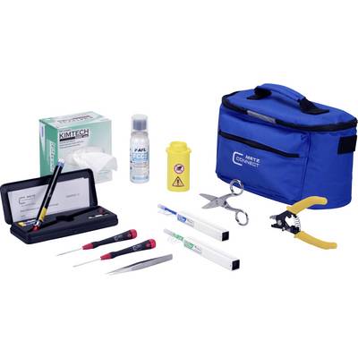 A set of tools and materials for fibre optic cabling, including scissors, cable stripper, cleaning fluid, and carry case.