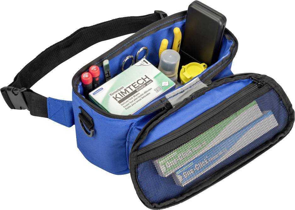 Open blue belt bag with laboratory equipment: Test tubes, cleaning wipes, scissors, phone and notebook visible. Suitable for sample collection.