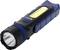 Black and blue torch with a yellow illumination unit on the side, lying on a light background.