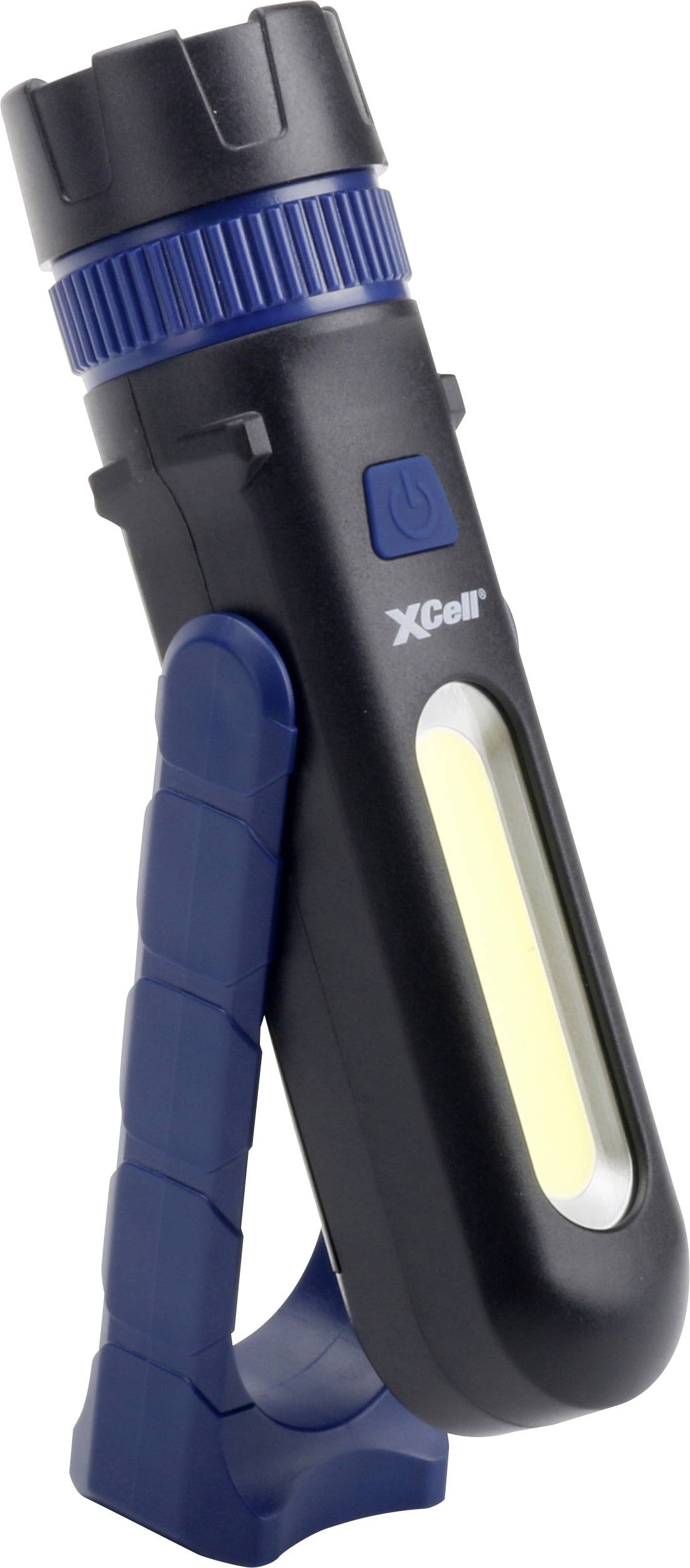 Black and blue LED torch with stand, suitable for hands-free working, vertically positioned.