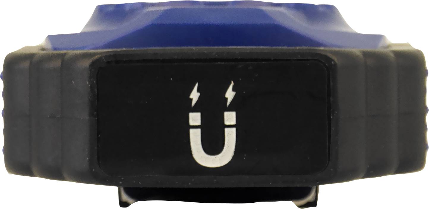 Blue device with a black front, featuring a magnet symbol with two small lightning bolts. Suitable for attachment to metallic surfaces.