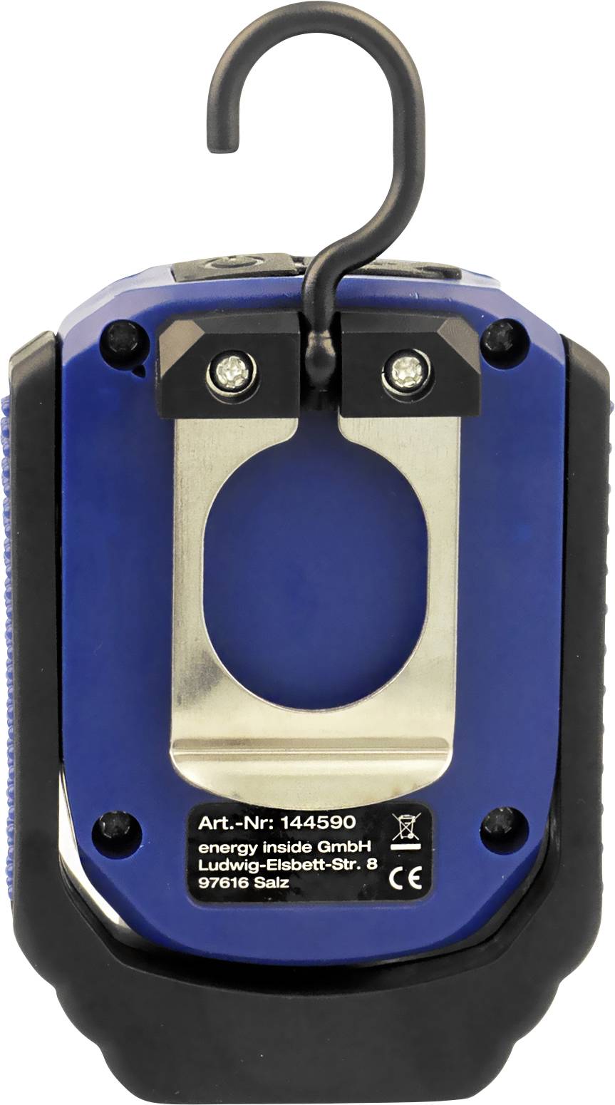 A blue, portable LED work light with a hook for hanging. Technical details and a mounting plate are visible on the back.