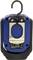 A blue, portable LED work light with a hook for hanging. Technical details and a mounting plate are visible on the back.