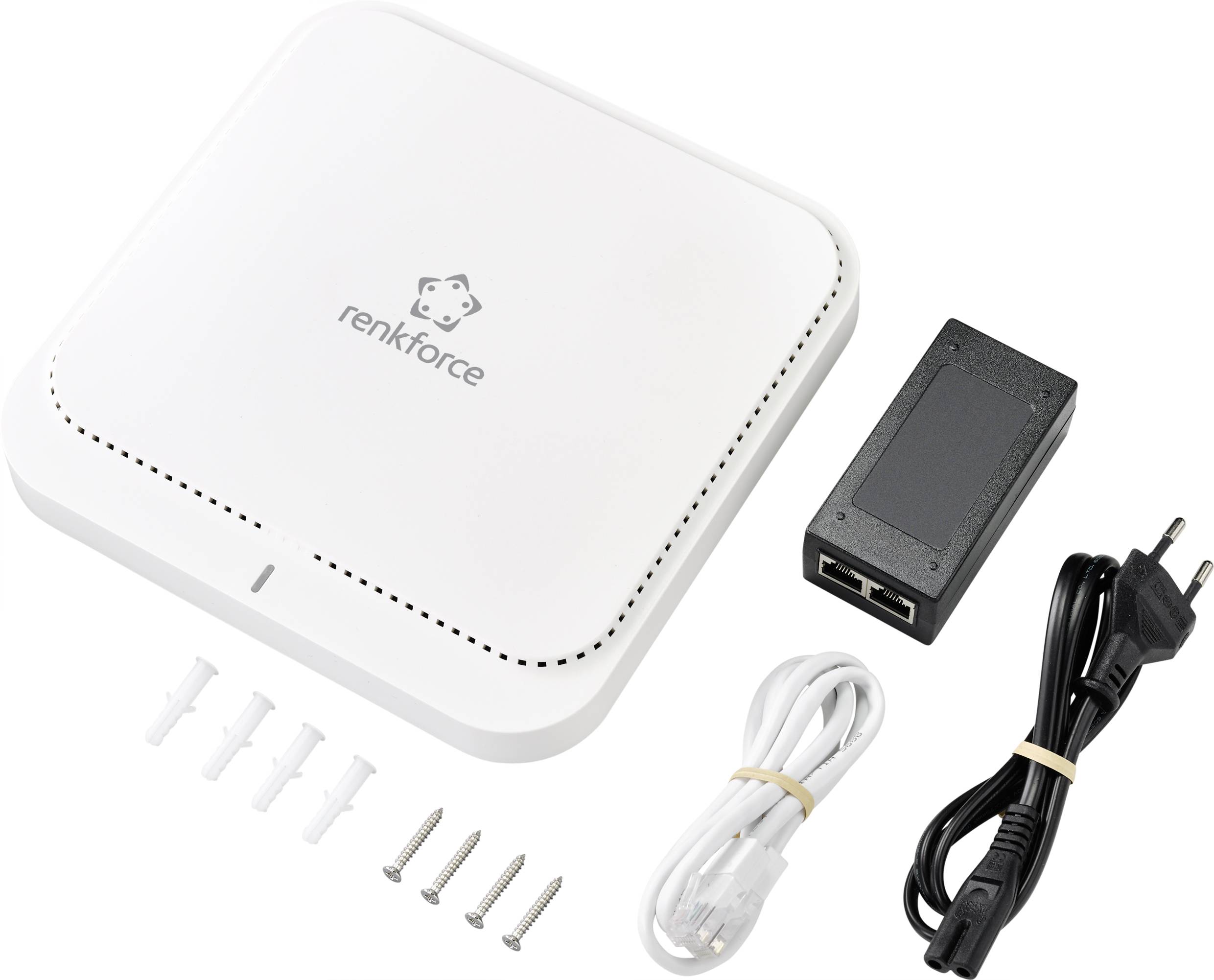 Wi-Fi router in white with USB cable, power adapter and mounting screws laid out side by side on a white background.