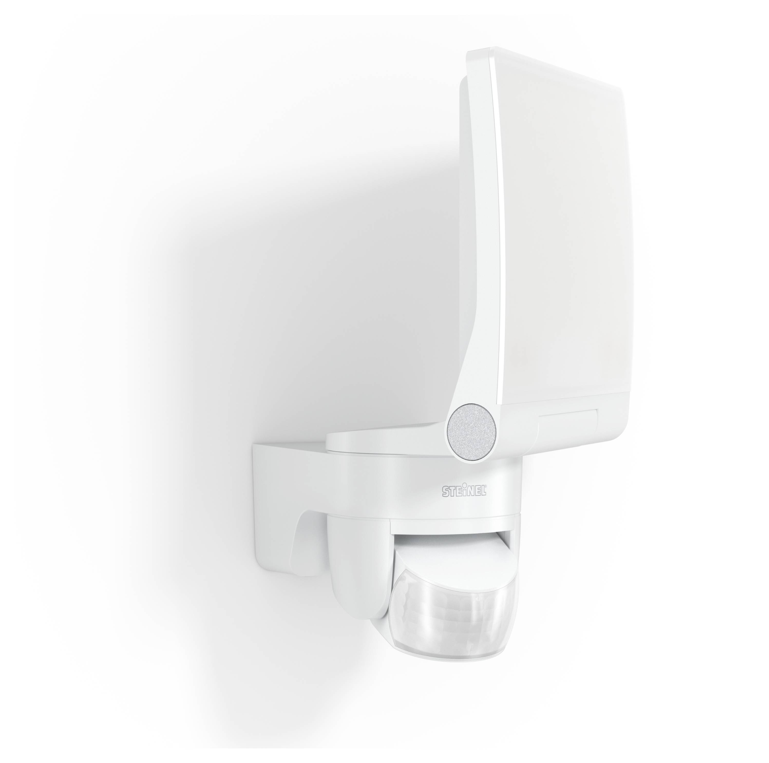 White wall-mounted motion sensor with a hinged upper panel and round detector lens, shown on a plain white background.<br>