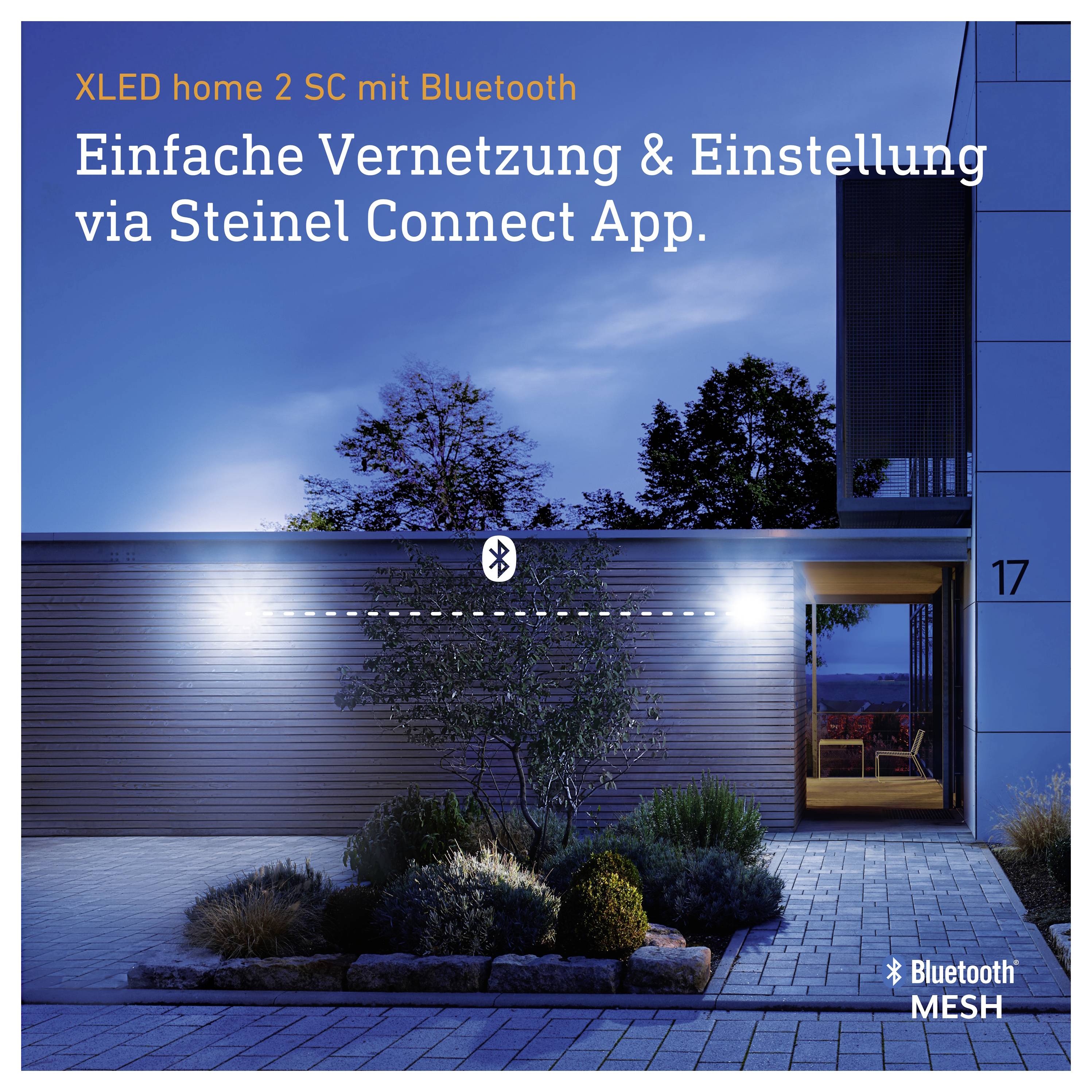 Advertising graphic for 'XLED home 2 SC with Bluetooth': luminaire is easily networked and configured via the Steinel Connect app; Bluetooth Mesh functionality is demonstrated.