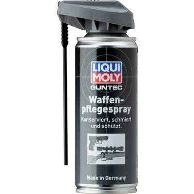 Spray can 'LIQUI MOLY Guntec Weapon Care Spray' with trigger nozzle; Text: 'Preserves, lubricates and protects. Made in Germany'; Image of firearms.