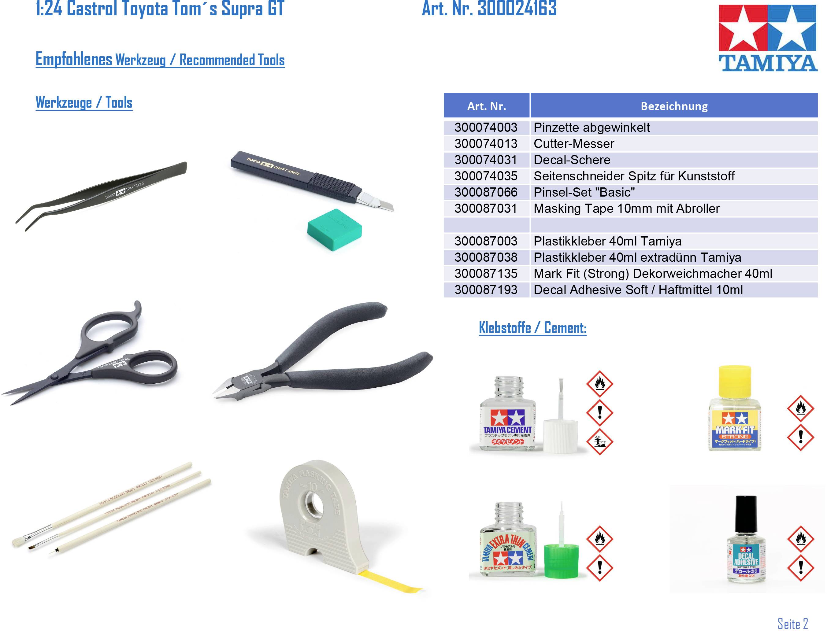 Tools and Adhesive Recommendations for Model Making. Shows tweezers, knives, glues and decal solutions by Tamiya. Includes product numbers.