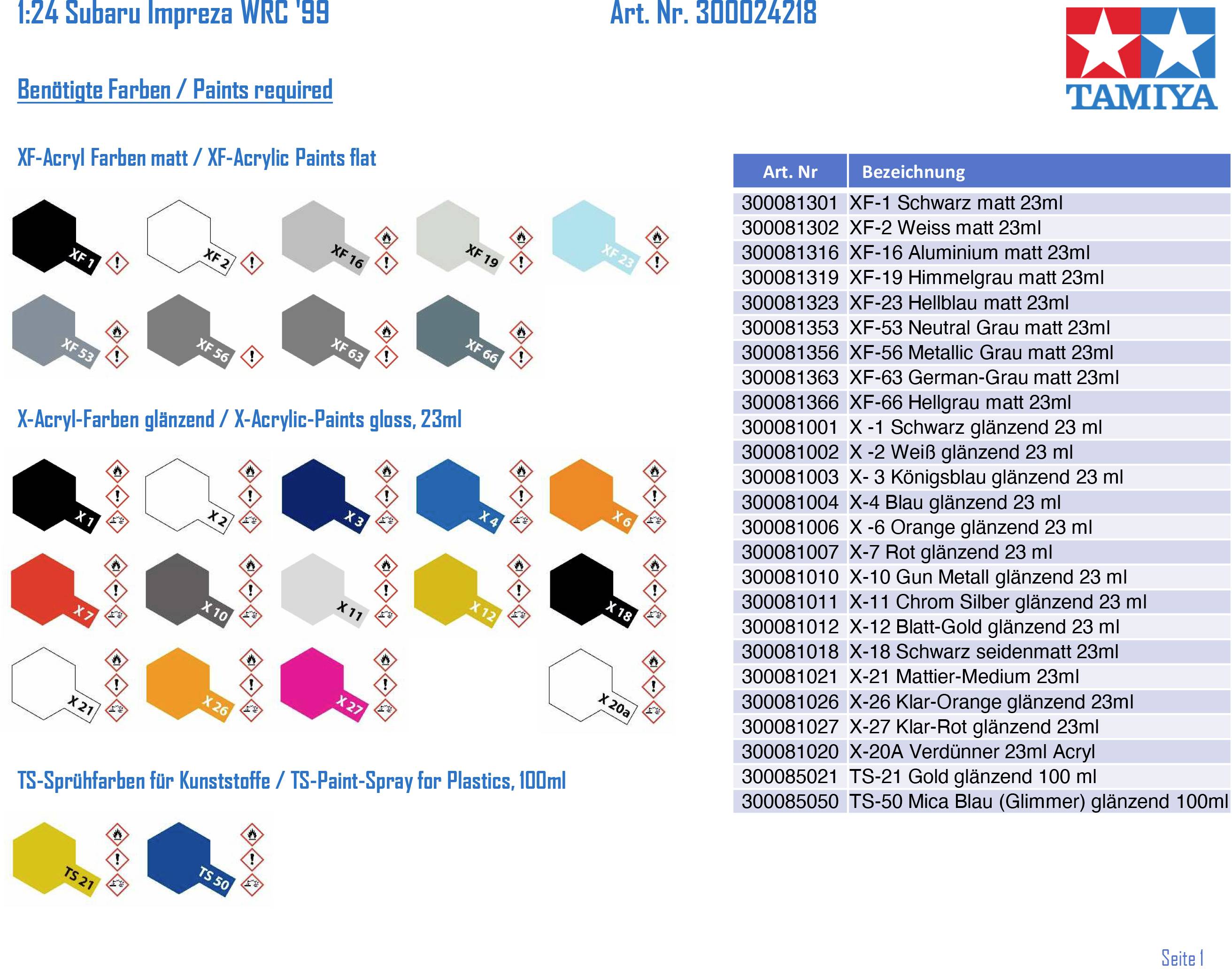 'Overview of Colours Required for the Subaru Impreza WRC '99: Various Matte and Glossy Acrylic Paints with Article Numbers.'