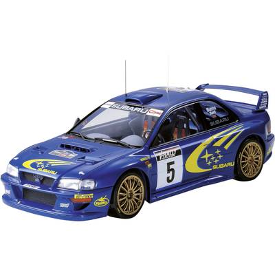 Blue toy car with yellow stars and the number 5 on the door, modelled after a rally car.