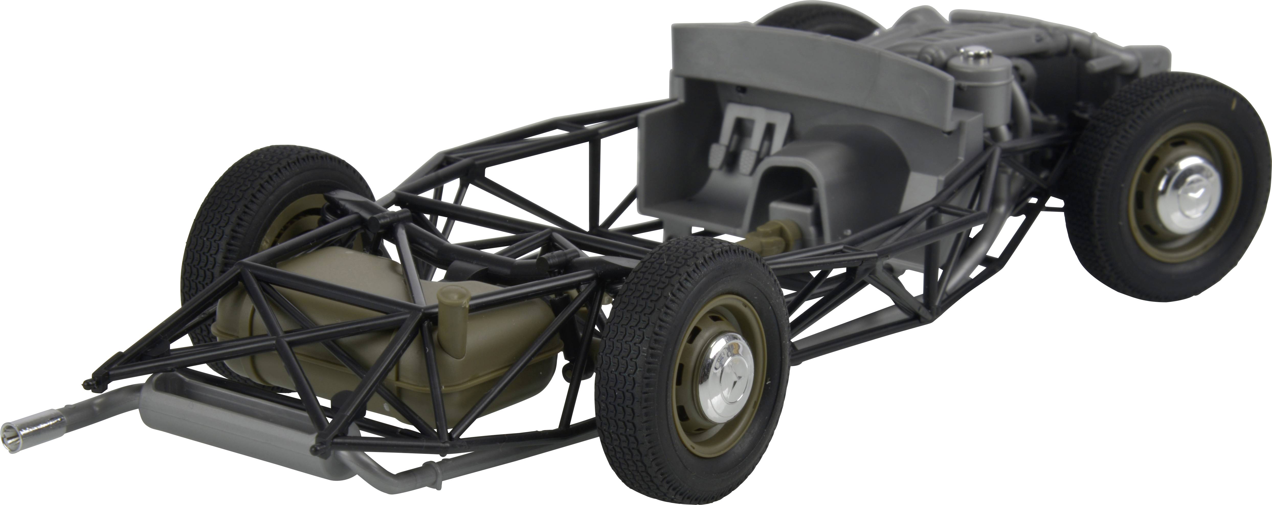 A black car chassis without bodywork, featuring four wheels and visible engine and suspension components.