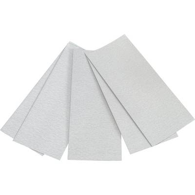 Five white paper towels fanned out on a white background.
