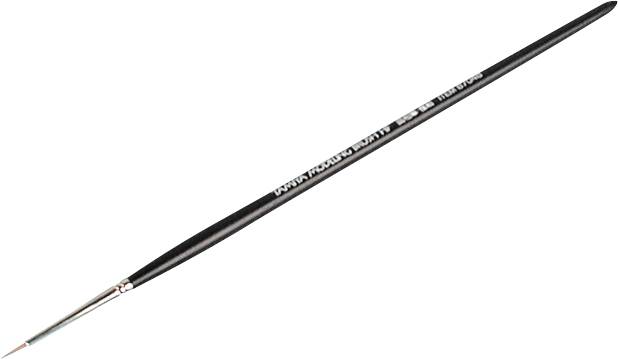 A thin black sable brush with a fine tip, suitable for precise detailed work in art.