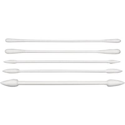 Four cotton buds in different shapes and sizes are arranged horizontally side by side.