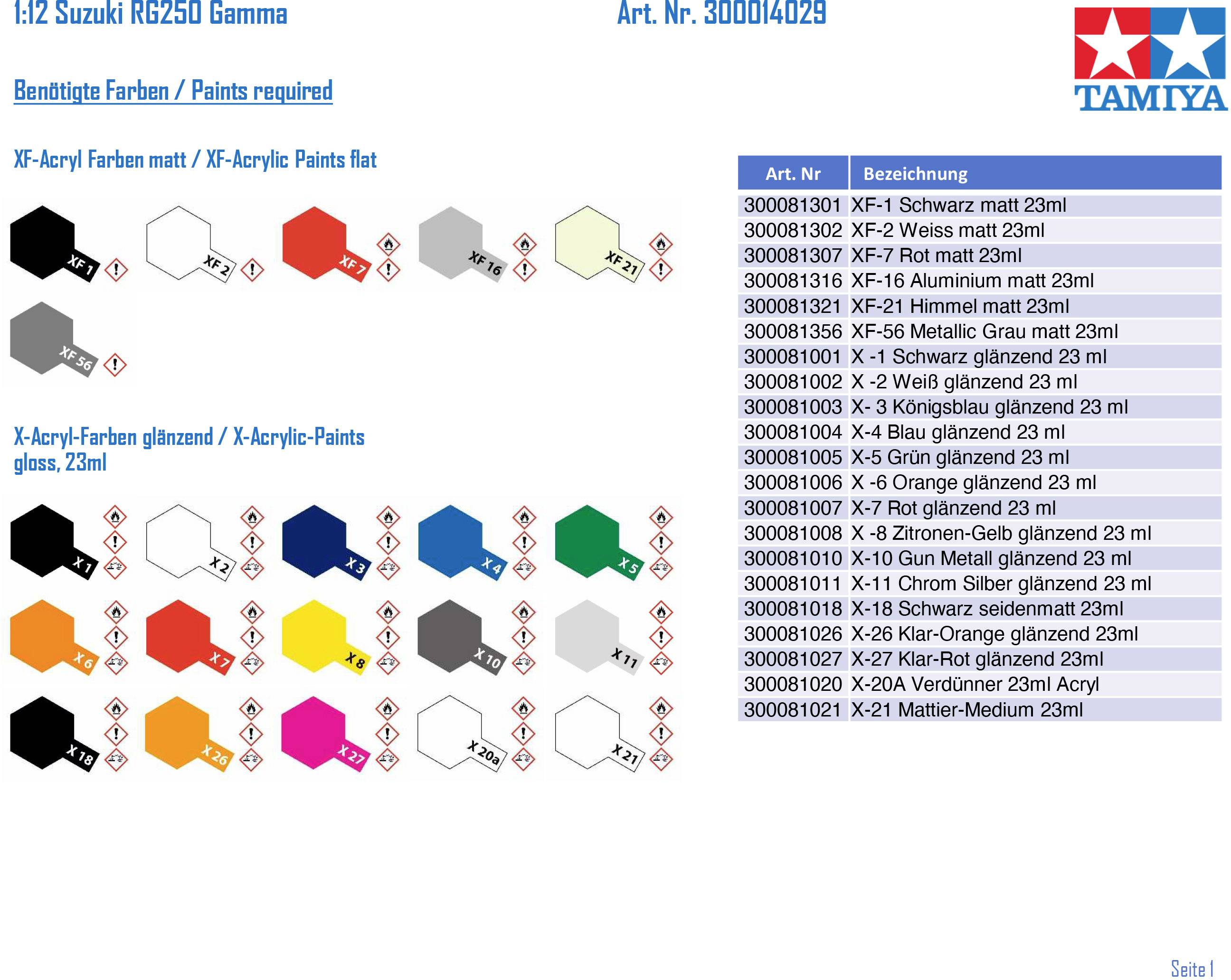 'Colour Overview for Tamiya 1:12 Suzuki RG250 Gamma Model. List of Required XF and X Acrylic Paints with Catalogue Number and Description.'